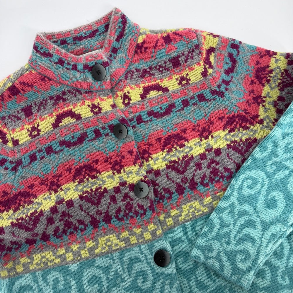 VTG Orvis Women Wool Blend Fair Isle Scroll Pattern Cardigan Sweater Teal Pink M